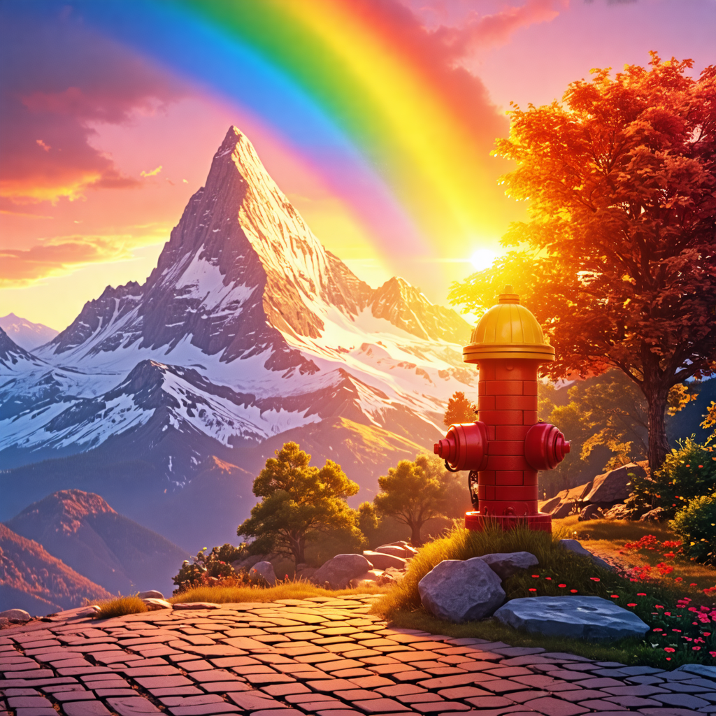 mountain, rainbow, brick, pizza, fire hydrant